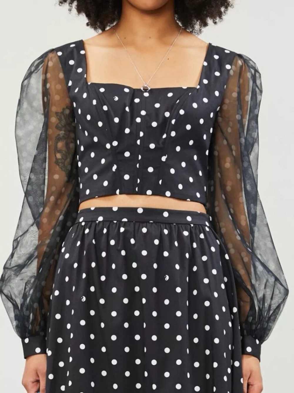 STAUD Rose Polka Dot Sheer Puff Sleeve Corset Crop Top Black Size 12 Designer